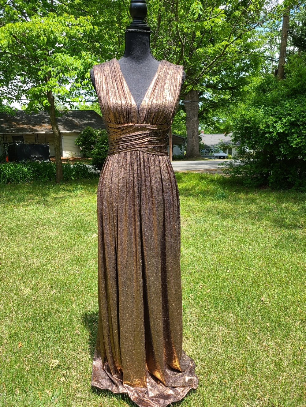 Metallic Bronze V-Neck Evening Gown